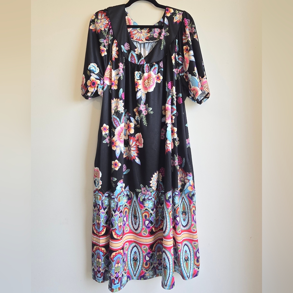 Black Floral Print Dress With Pockets
